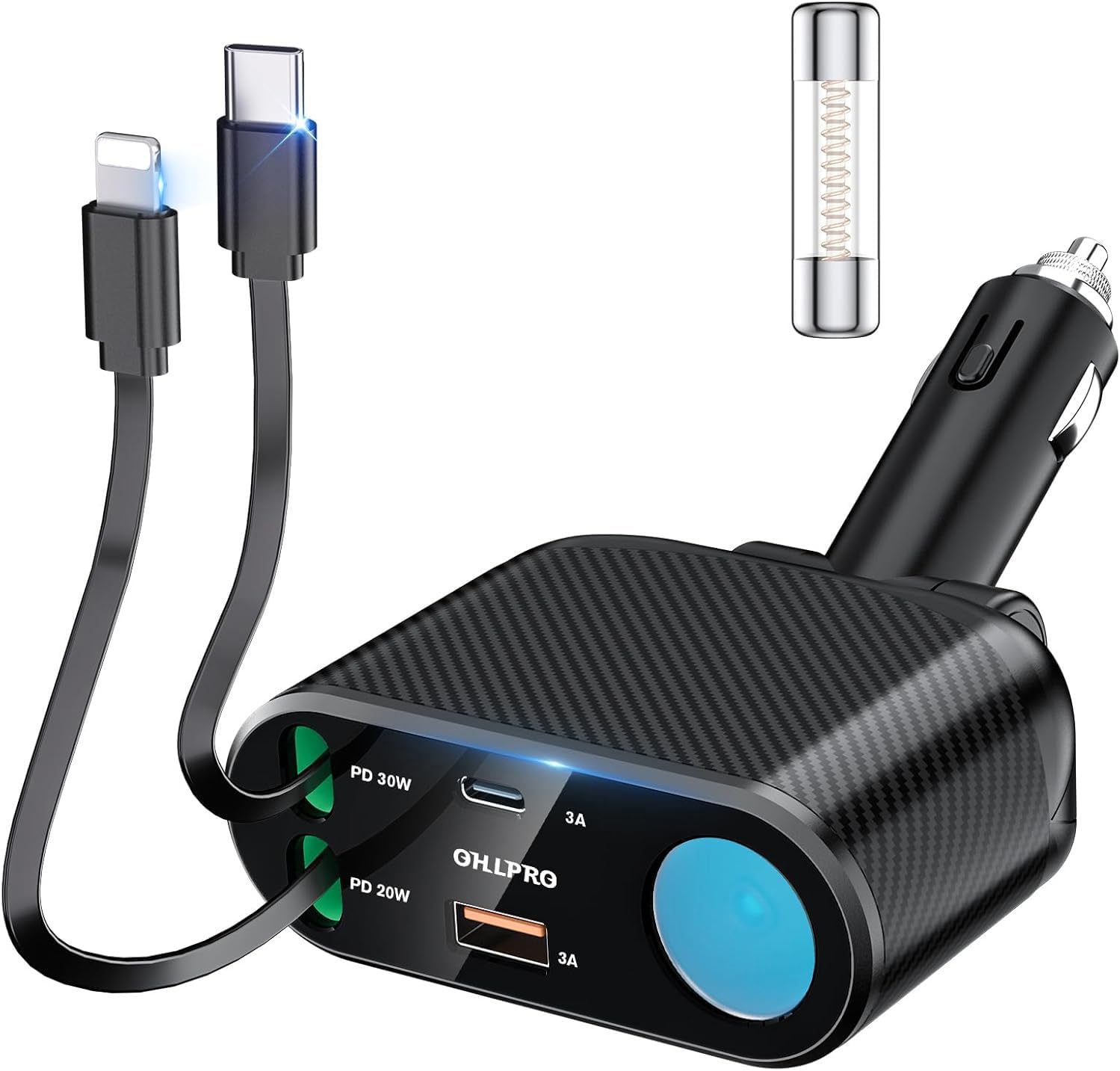 OHLPRO Retractable Car Charger Cigarette Lighter Adapter 5 in 1 Fast Phone Charging