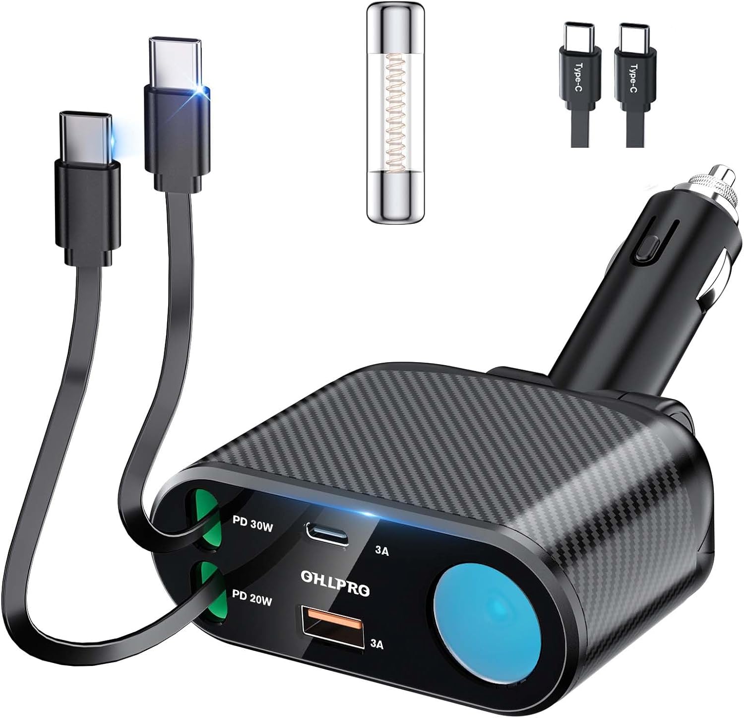 OHLPRO Retractable Car Charger Cigarette Lighter Adapter 5 in 1 Fast Phone Charging